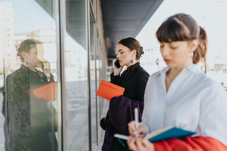 Businesswomen discussing work outdoors on a sunny dayの写真素材