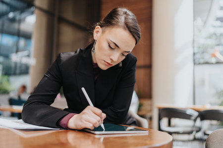 Professional businesswoman focused on taking notes on a tablet in a modern workspace.の写真素材