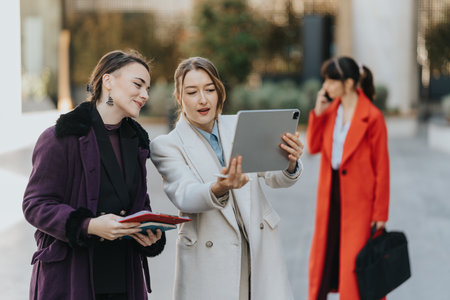 Two businesswomen collaborate outdoors using a digital tablet, interacting and discussing work together.の写真素材