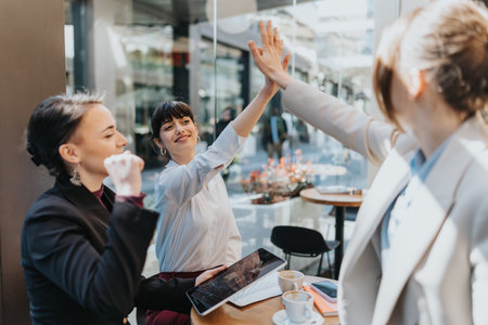 Three businesswomen celebrating success with a high-five at an outdoor cafe meeting.の写真素材
