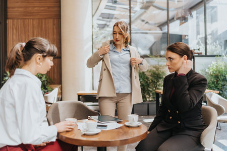Three businesswomen conversing in an elegant cafe setting during a professional meetingの写真素材