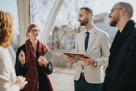 Group of professional colleagues having a discussion outdoors during daytimeの写真素材