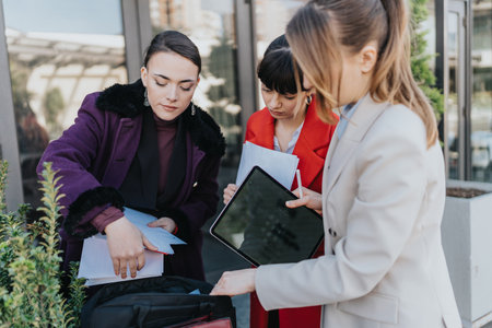 Three women entrepreneurs collaborating outdoors with devices and documentsの写真素材