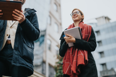 Young professionals collaborating outdoors with technology and documentsの写真素材