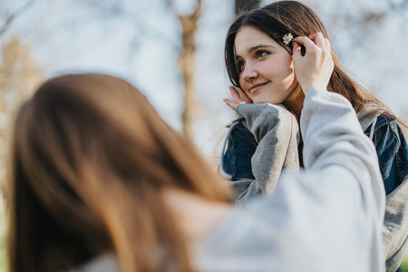Two young friends enjoy a sunny day outdoors, one placing a small flower in her friends hairの写真素材