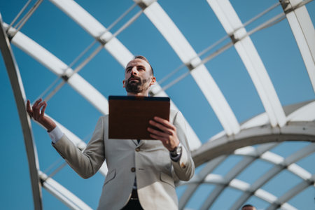 Professional speaker presenting outdoors under a geometric canopy structureの写真素材