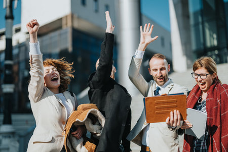 Group of cheerful business people celebrating success outside a modern building