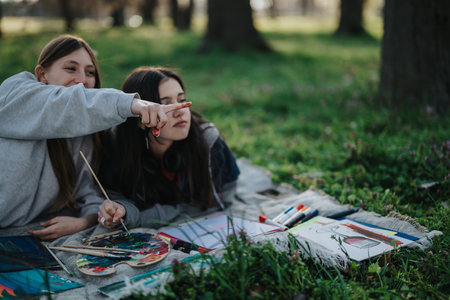 Two teenage girls painting together outdoors during a peaceful day in nature.の写真素材