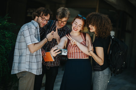 Group of students taking a selfie together outdoors in casual attireの写真素材