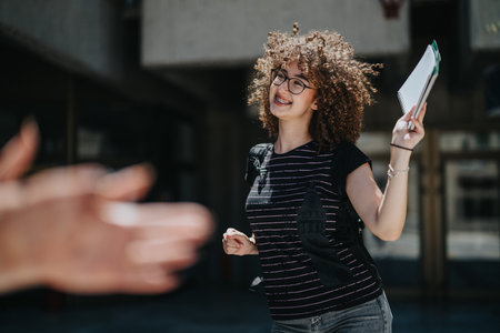 Happy student celebrating success while holding a notebook outdoorsの写真素材