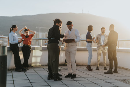 Business colleagues brainstorming ideas on a tower balcony at sunset