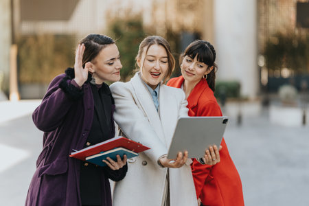Three businesswomen collaborating outdoors with a tablet in a lively urban settingの写真素材