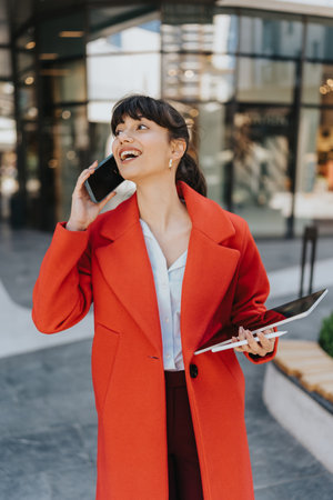Professional businesswoman speaking on phone while holding tablet outdoorsの写真素材