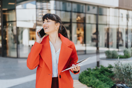 Confident businesswoman discussing plans on her smart phone outdoors.の写真素材