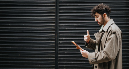 Man Interacting With Technology While Gesturing Thumbs Up Outdoors