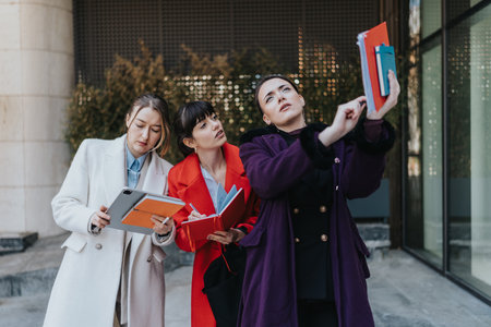 Three professional businesswomen collaborating outdoors with notebooks and tabletsの写真素材