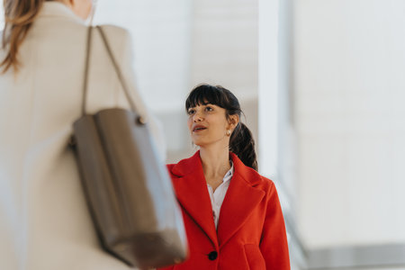 Two women engaged in conversation dressed in business casual attireの写真素材