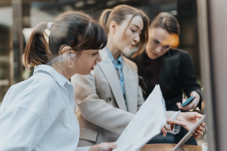 Three business professionals discussing documents and ideas during a collaborative team meeting.の写真素材