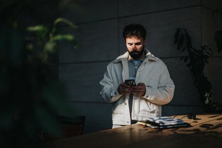 Man using smart phone while standing in natural light indoorsの写真素材