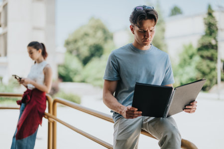 Two students reading and working outdoors on a bright sunny dayの写真素材