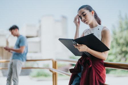 Focused student revising outdoors while another student checks their device in backgroundの写真素材