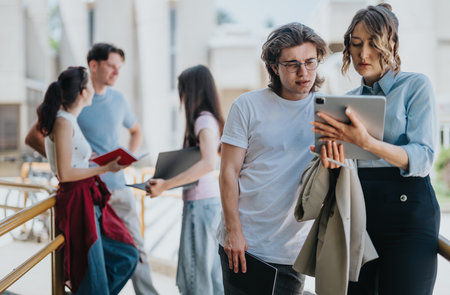 Group of students engaged in outdoor collaborative learning with a professorの写真素材