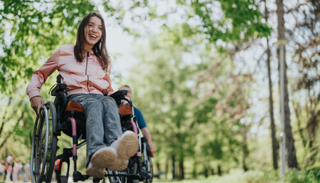 Young woman in wheelchair enjoying a sunny day in the parkの写真素材