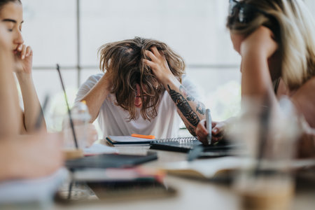 Stressed student in a group study session with classmates in modern environmentの写真素材