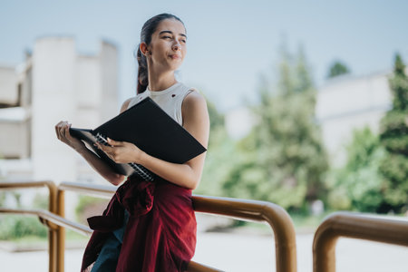 Young woman enjoying outdoors while holding a notebook on sunny dayの写真素材