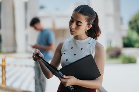 Young student reading notes in an outdoor campus environmentの写真素材