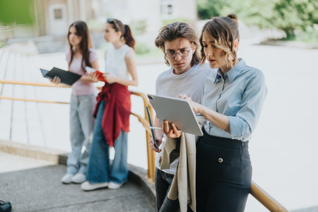 Group of students engaging with their instructor on a study-related activity outdoorsの写真素材