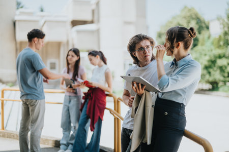 Group of students interacting with a mentor outdoors at university campusの写真素材