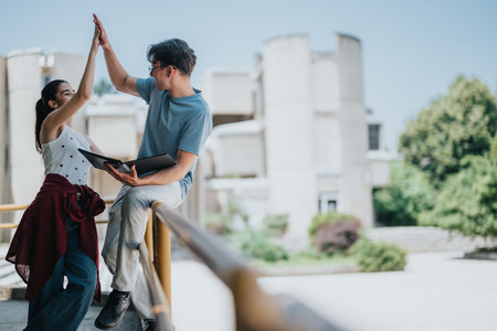 Two students celebrating success together on a college campusの写真素材