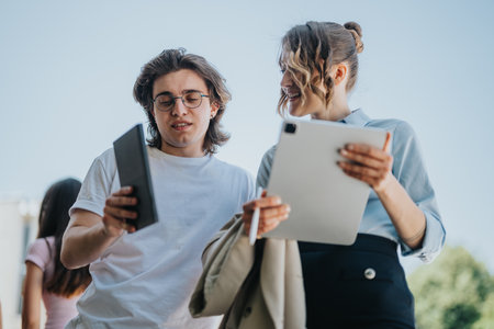 Two professionals discussing a project outdoors, holding tablets and smilingの写真素材