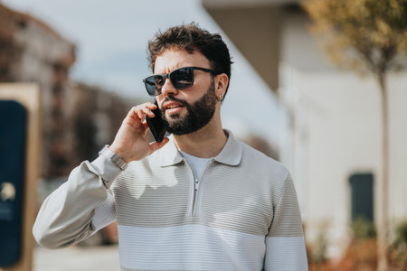 Man in sunglasses talking on the phone outdoors in an urban settingの写真素材