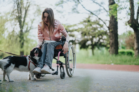 Woman in a wheelchair outdoors petting a dog, enjoying natureの写真素材