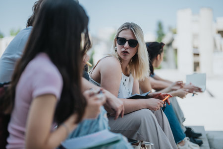 Group of young adults studying outdoors in a relaxed environmentの写真素材