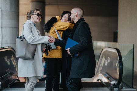 Young professionals greeting each other at a contemporary office building entranceの写真素材
