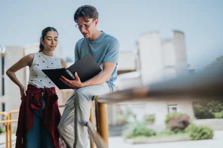 Two students discussing together outdoors on a sunny dayの写真素材