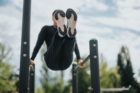 Athlete Training Outdoors on Parallel Bars in a Park Setting