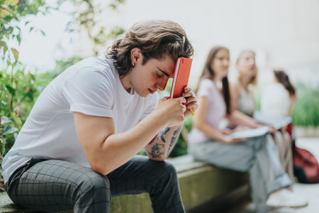 Stressed student sitting outdoors holding a notebook with friends in the backgroundの写真素材