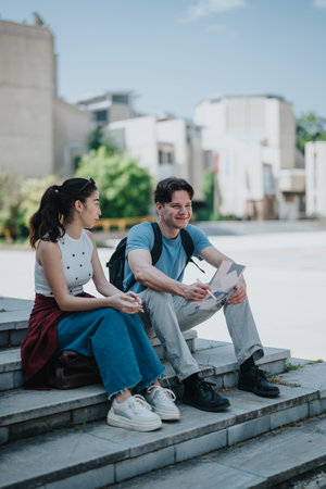 Students sitting on campus steps engaged in a friendly discussion outdoors