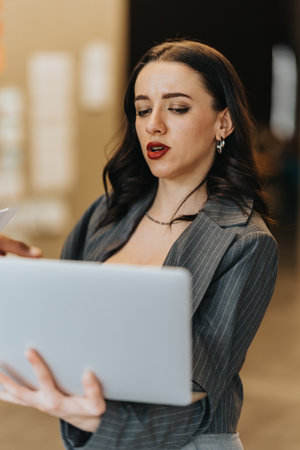 Professional businesswoman focusing on a laptop during a work discussion in an office environmentの写真素材