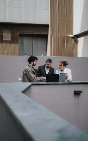 Group of professional colleagues collaborating on a project outdoors
