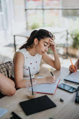 Young woman studying in group session at relaxed cafe setting