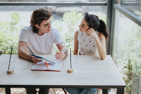 Two students discussing notes during a study session at a cafe table
