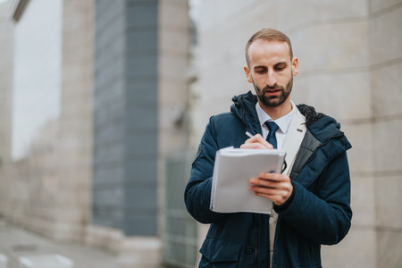 Business professional taking notes outdoors on a clear day