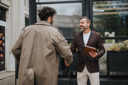 Two men exchanging a handshake outdoors while discussing businessの写真素材
