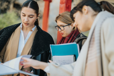 Multinational Businesswomen Collaborating in an Outdoor Meeting Settingの写真素材