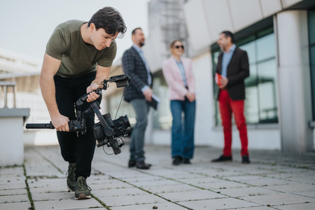 Videographer Capturing Footage of Professionals by a Modern Office Buildingの写真素材